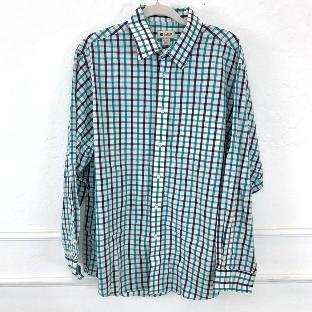 Haggar Mens Plaid Long Sleeve Button Down Shirt 17-17 1/2 White Blue Interview